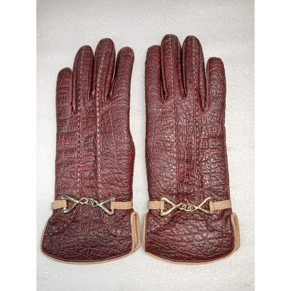 ARIS Faux Pebbled Leather Lined Gloves L Brown Gold Tone Bow